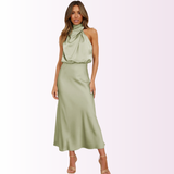Emerald Evening Dress  Draped High-Neck Satin Maxi - Product detail 14