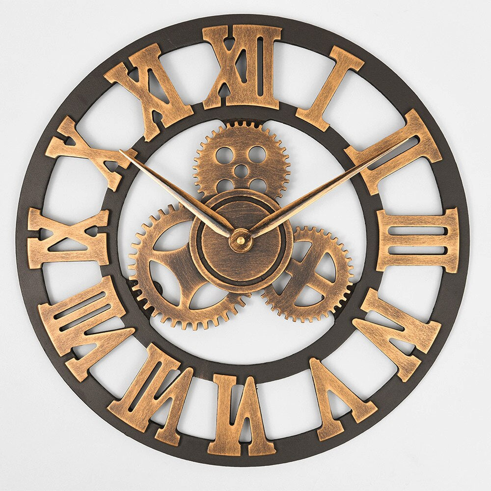 Industrial Wall Clock  Roman Numeral Gear Design - Detailed view