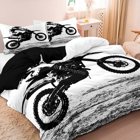 Motorcycle Duvet Cover Set  Black and White Motocross Design - Product detail 5