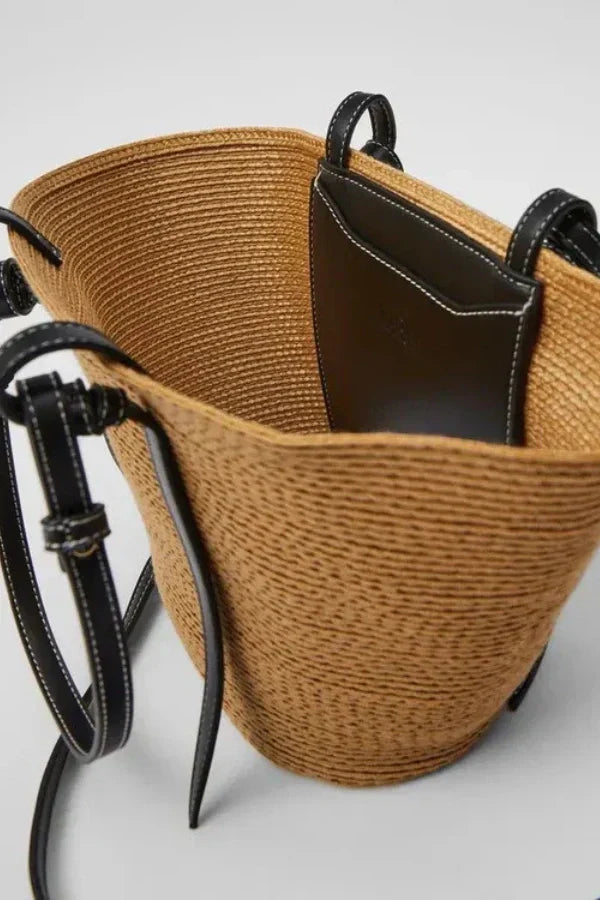 Woven Straw Tote Bag  Leather Trim Natural Finish - Detailed view