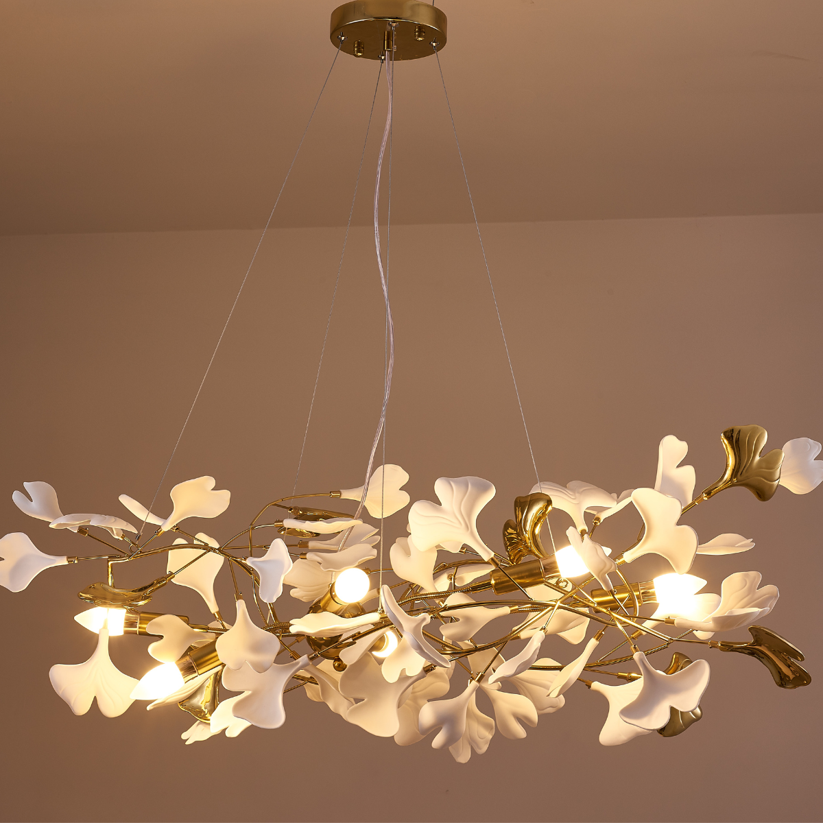 Ginkgo Leaf Chandelier  Brass and White Floral Design - Product detail 9