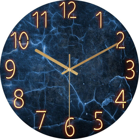 Modern Wall Clock  Neon Numbers Blue Marble Design - Product showcase