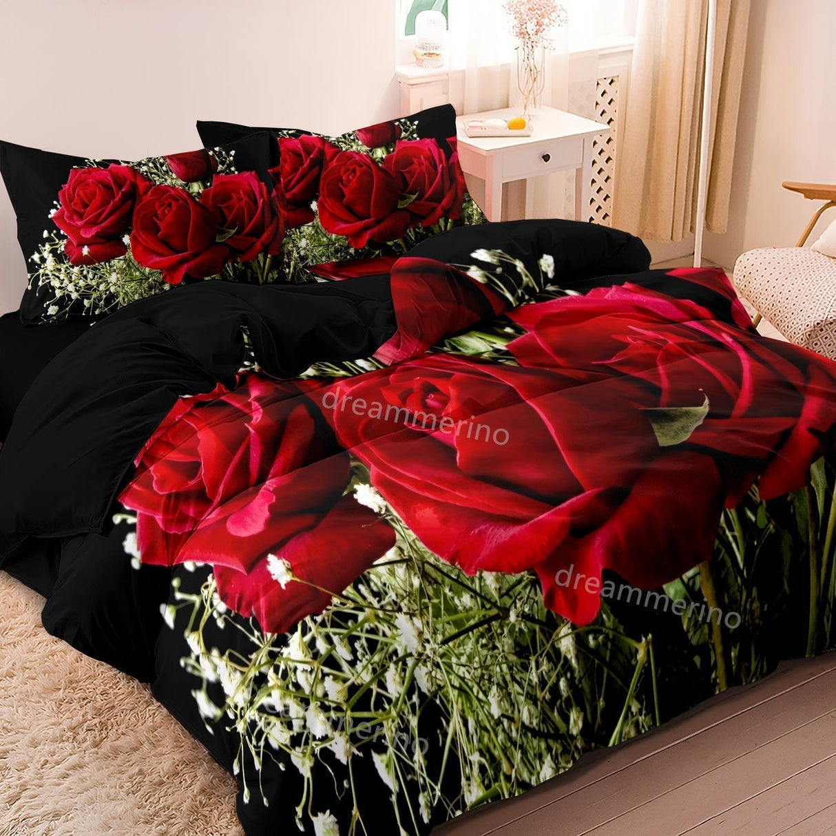 Floral Bedding Set  Red Roses Black Background Design - Detailed view