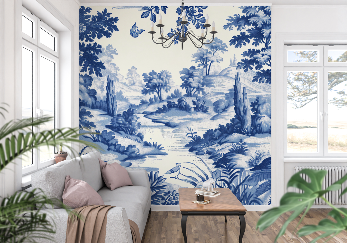 Toile de Jouy Mural Wallpaper | Blue and White Pastoral Scene