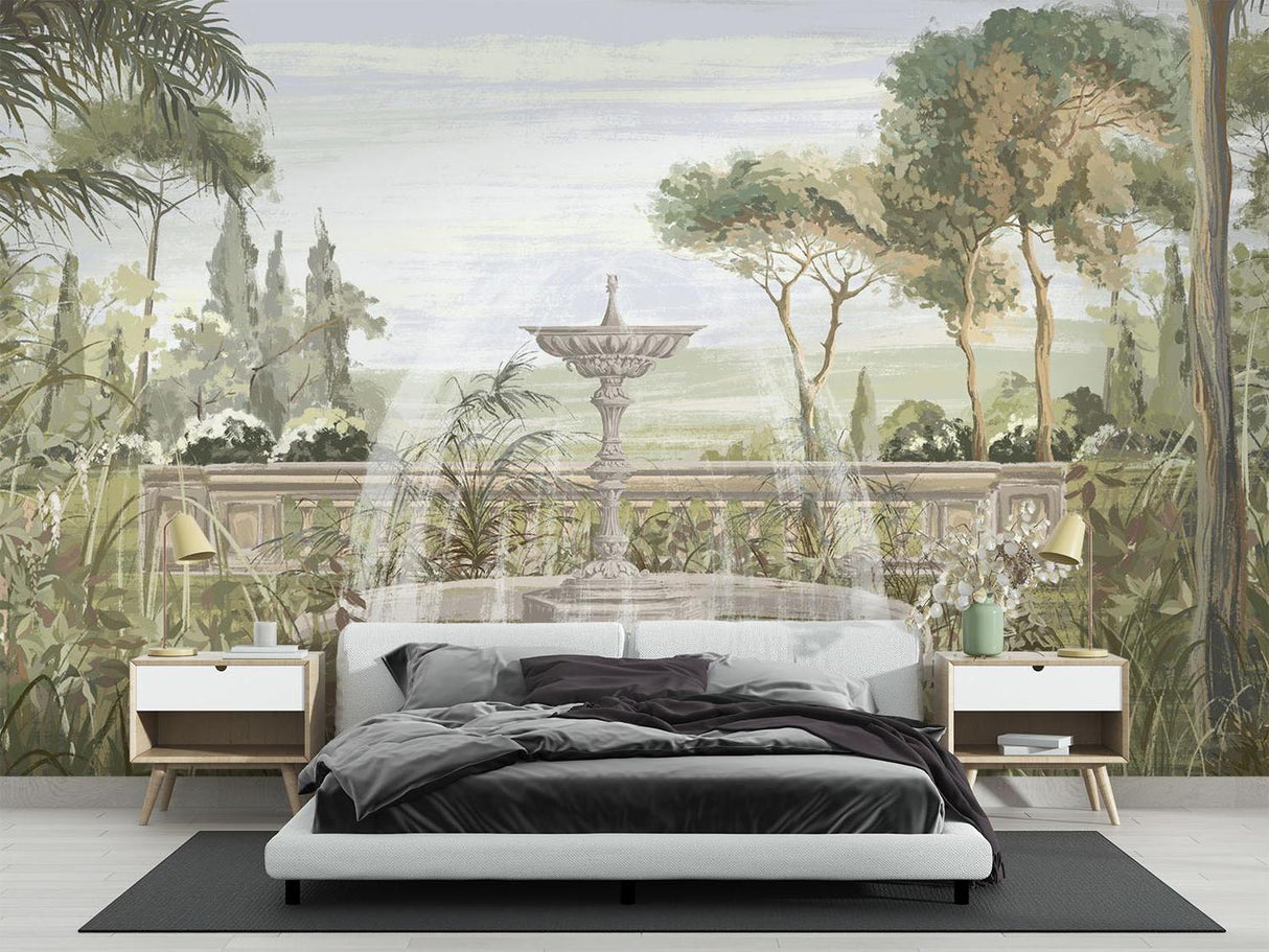 Papier Peint Mural de Jardin | Fontaine Vintage avec Palmiers