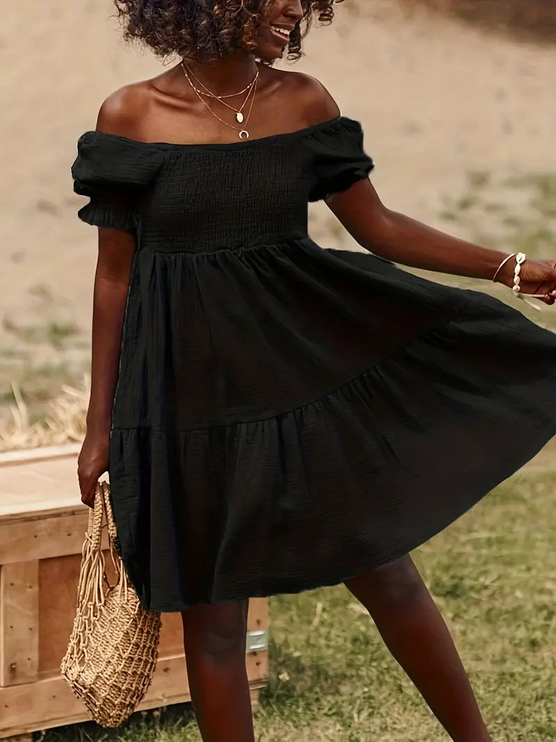 Cotton Off Shoulder Dress  Puff Sleeve Empire Waist Design - Product example