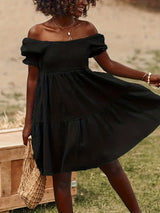 Cotton Off Shoulder Dress  Puff Sleeve Empire Waist Design - Product example