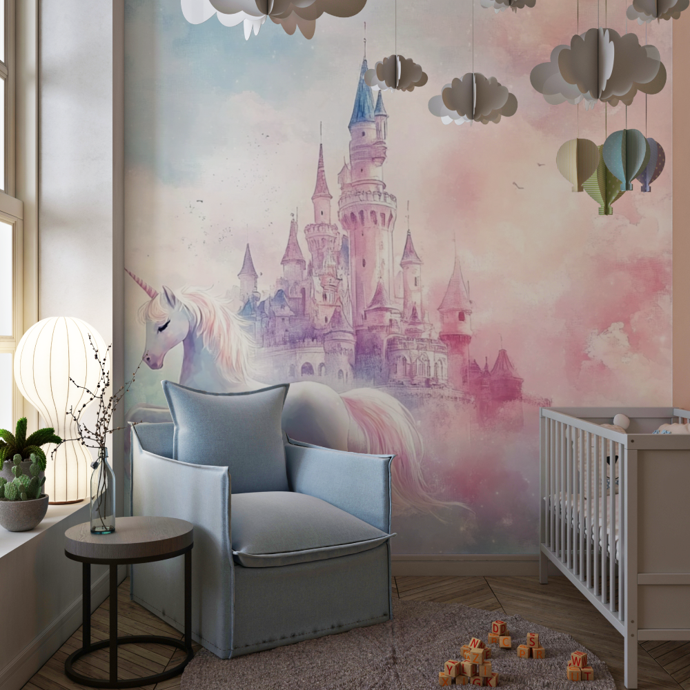 Unicorn Mural Wallpaper | Magical Castle in Pink and Blue Clouds
