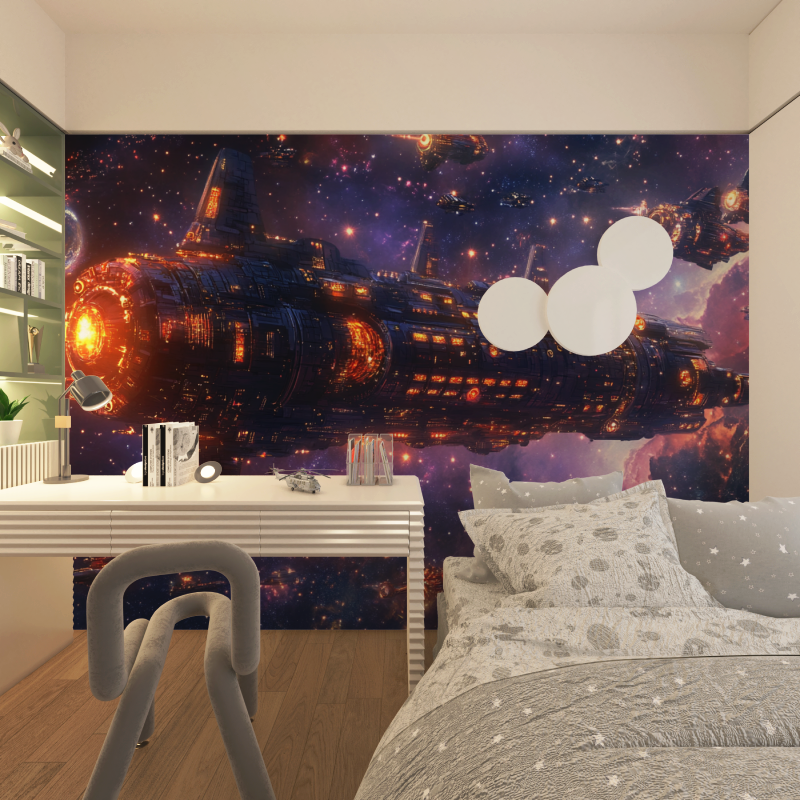 Space Ship Mural Wallpaper | Galactic Battle Cruiser in Purple Nebula