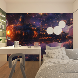 Space Ship Mural Wallpaper | Galactic Battle Cruiser in Purple Nebula