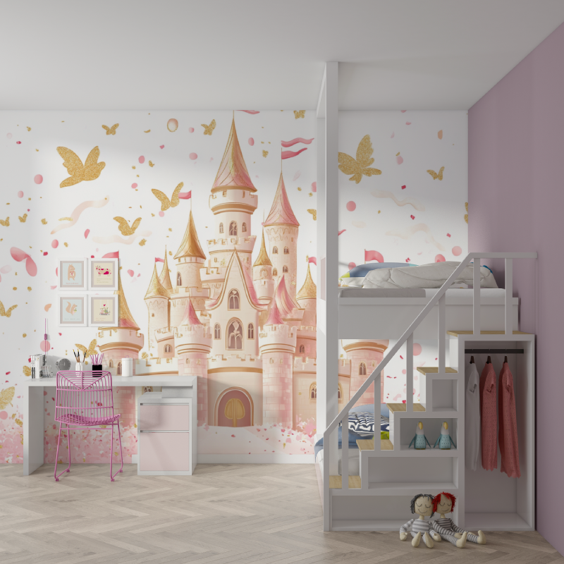 Princess Mural Wallpaper | Magical Castle with Gold Butterflies