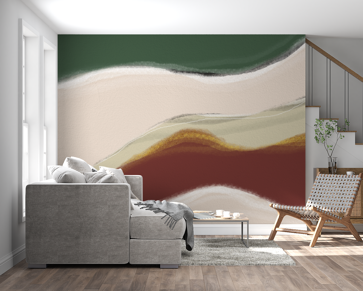 Abstract Mural Wallpaper | Green and Terracotta Wave Design