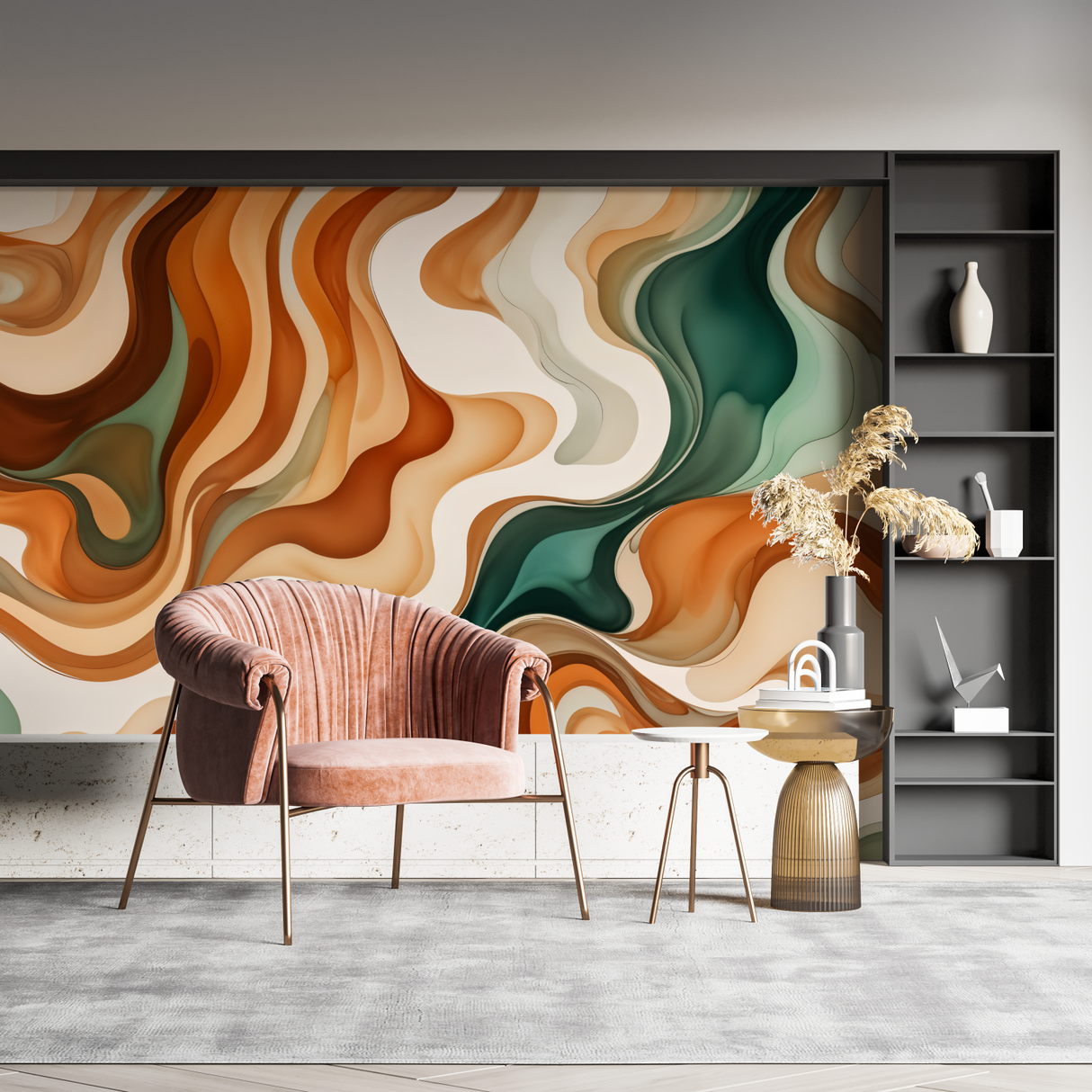 Abstract Mural Wallpaper | Terracotta and Emerald Waves Design