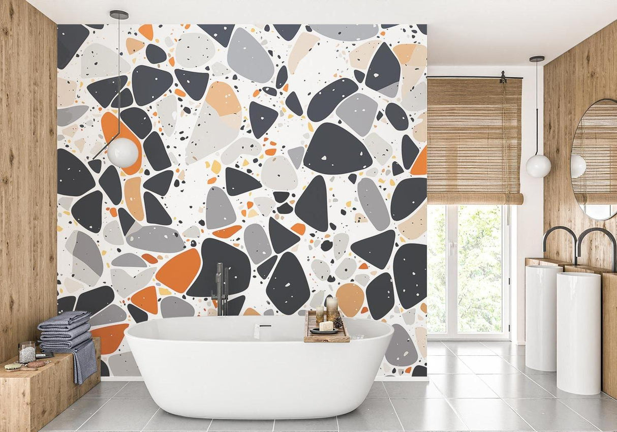 Terrazzo Mural Wallpaper | Modern Orange and Grey Design