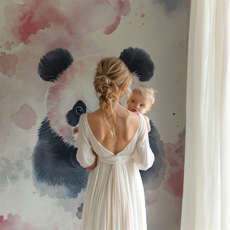 Panda Mural Wallpaper | Watercolor Pink and Grey Design