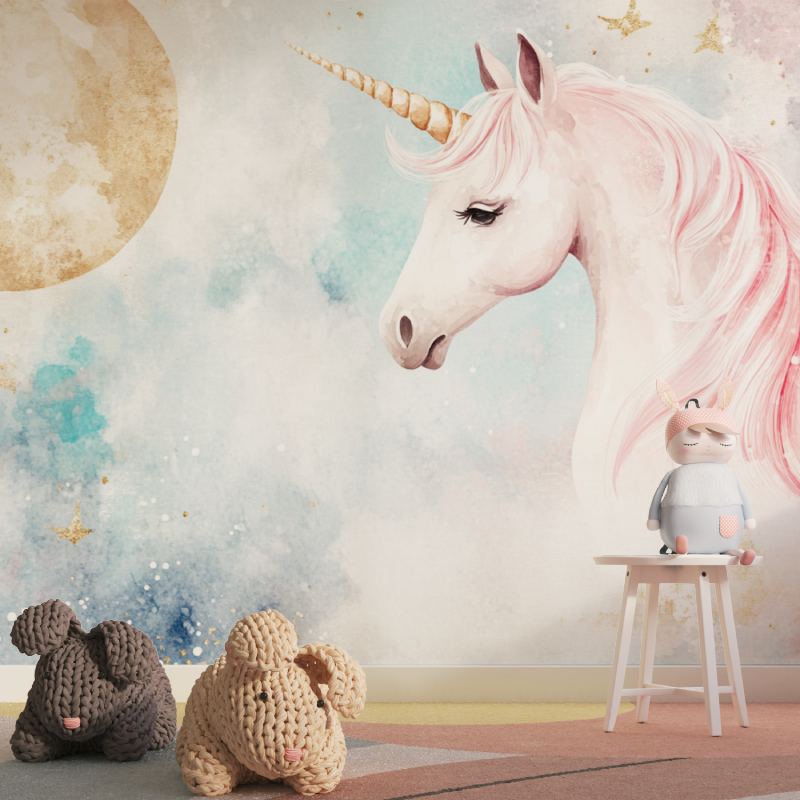Unicorn Mural Wallpaper | Dreamy Pink and Gold Moon Design