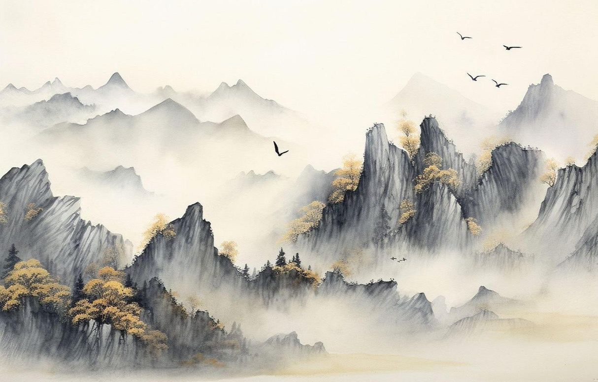 Mountain Mural Wallpaper | Japanese Watercolor Landscape with Birds