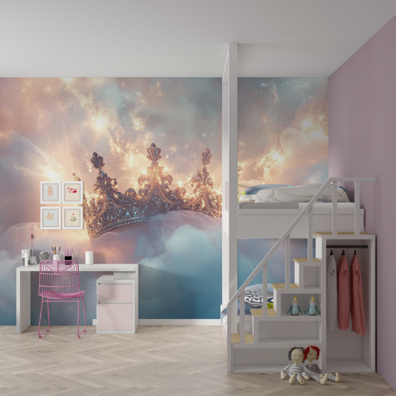 Princess Mural Wallpaper | Royal Crown in Dreamy Clouds