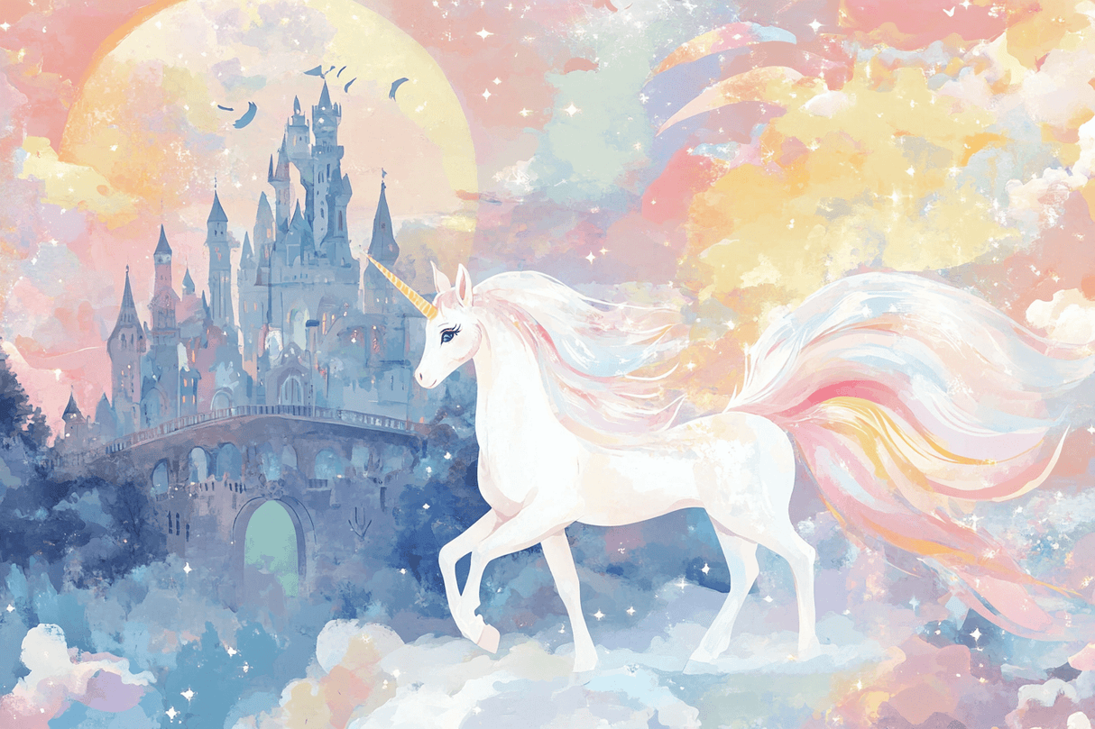Unicorn Mural Wallpaper | Magical Castle with Rainbow Sky