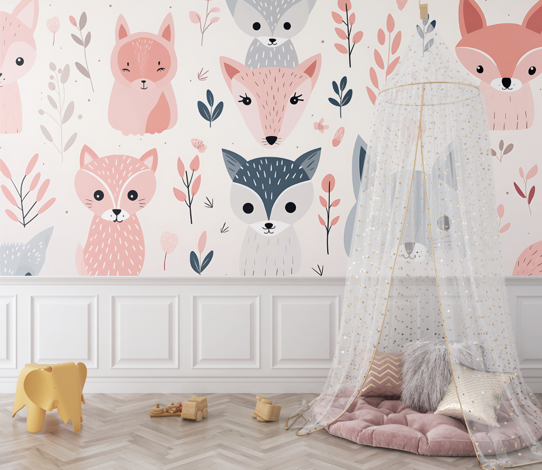 Forest Animals Mural Wallpaper | Pink and Grey Fox Pattern