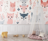 Forest Animals Mural Wallpaper | Pink and Grey Fox Pattern