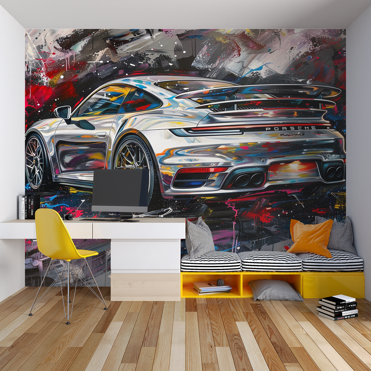 Sports Car Mural Wallpaper | Dynamic Porsche Street Art Design