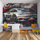 Sports Car Mural Wallpaper | Dynamic Porsche Street Art Design