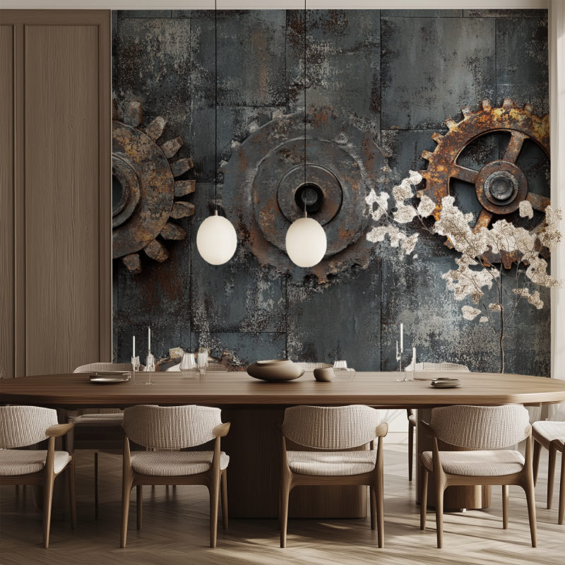 Industrial Mural Wallpaper | Vintage Steel and Gears Design