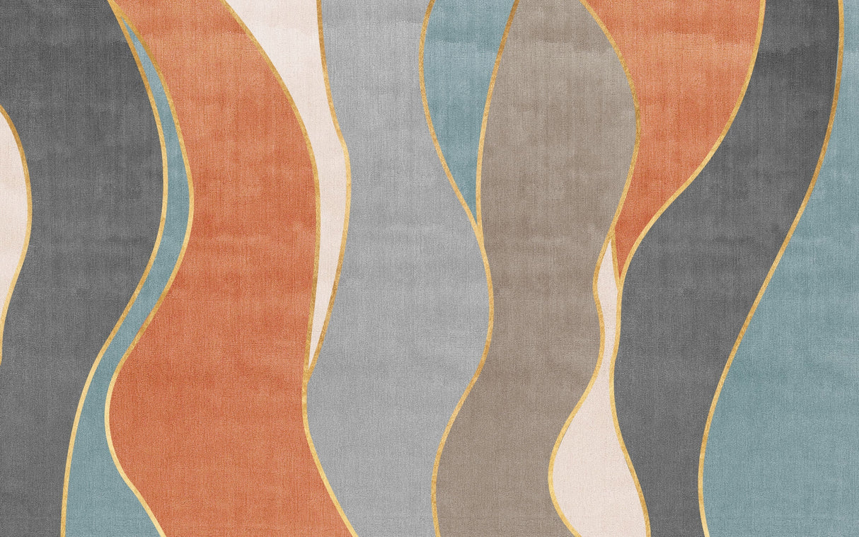 Abstract Mural Wallpaper | Terracotta and Blue Waves with Gold Lines