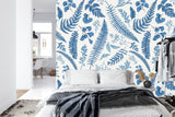 Foliage Mural Wallpaper | Blue Fern Pattern on White