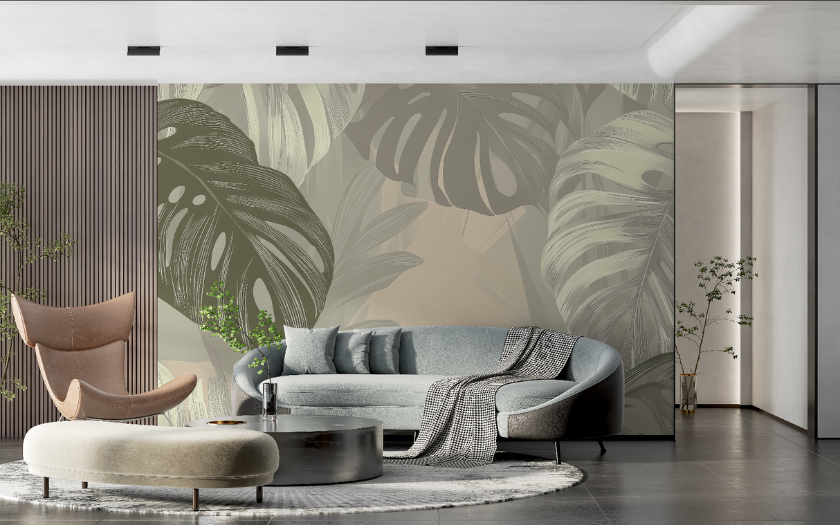 Monstera Mural Wallpaper | Elegant Green and Beige Design