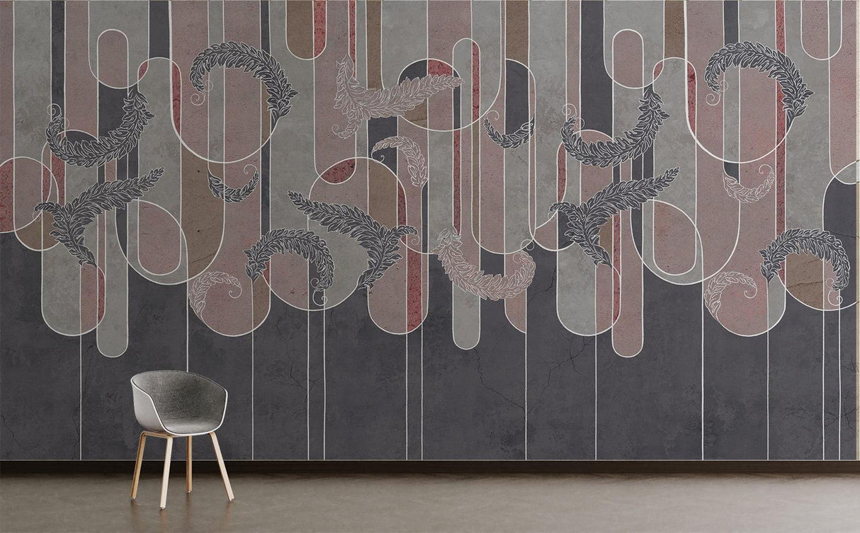 Abstract Mural Wallpaper | Geometric Feather Design with Burgundy Stripes