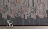 Abstract Mural Wallpaper | Geometric Feather Design with Burgundy Stripes