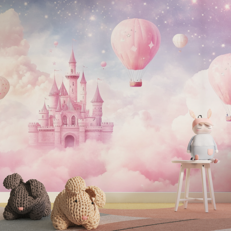 Princess Castle Mural Wallpaper | Dreamy Pink Hot Air Balloons