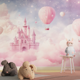Princess Castle Mural Wallpaper | Dreamy Pink Hot Air Balloons
