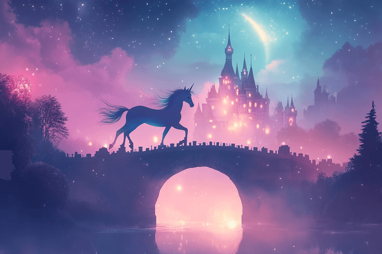 Unicorn Mural Wallpaper | Magical Castle in Pink Twilight Sky