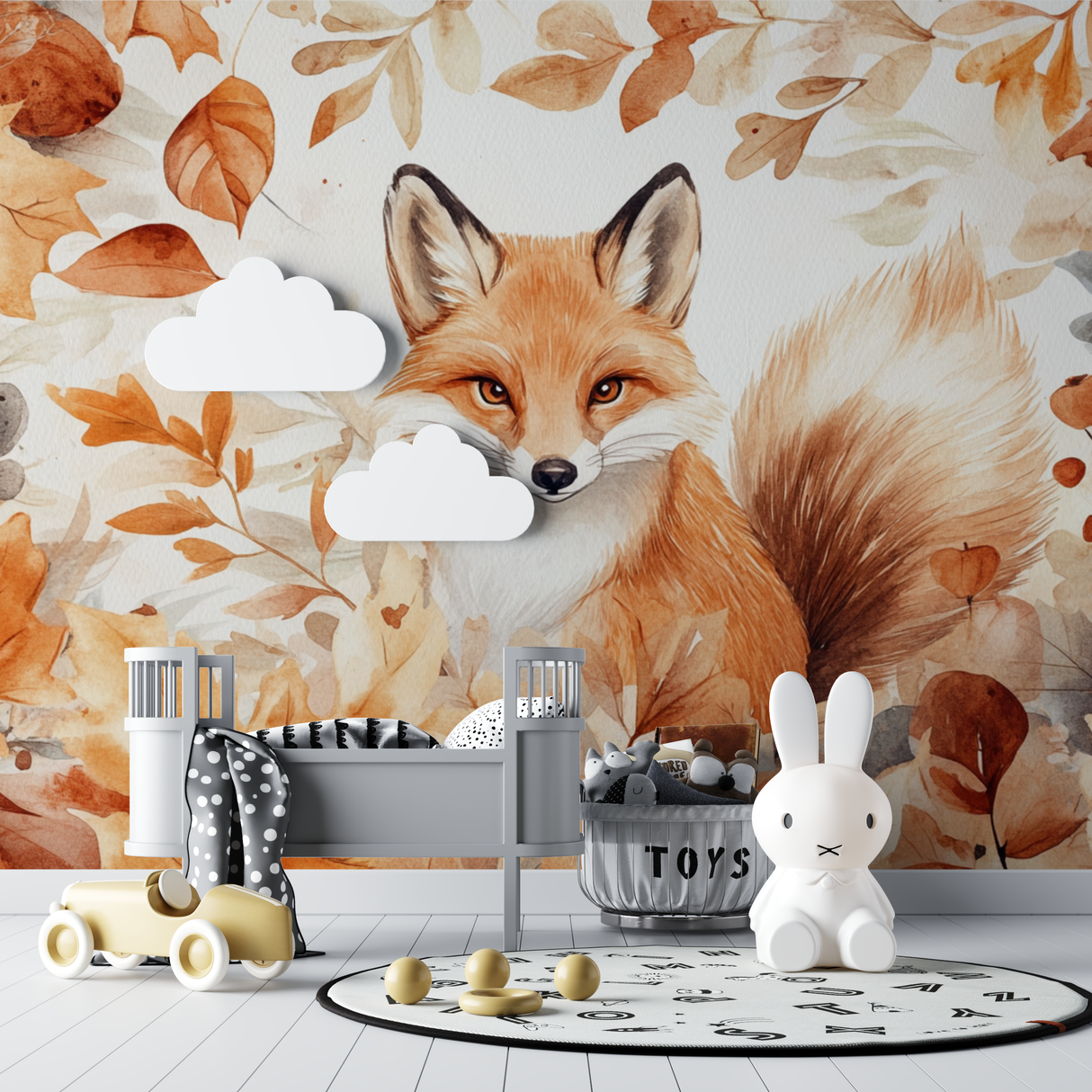 Forest Animals Mural Wallpaper | Autumn Fox with Watercolor Leaves