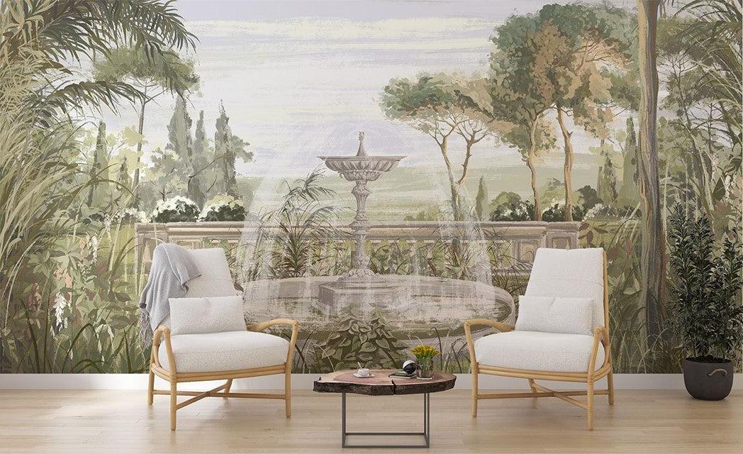 Papier Peint Mural de Jardin | Fontaine Vintage avec Palmiers