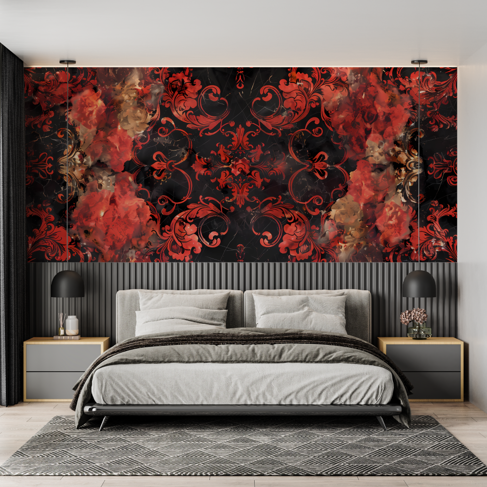 Baroque Mural Wallpaper | Red and Black Damask Pattern