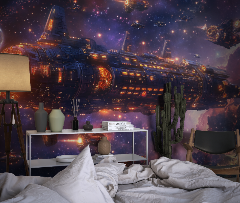 Space Ship Mural Wallpaper | Galactic Battle Cruiser in Purple Nebula