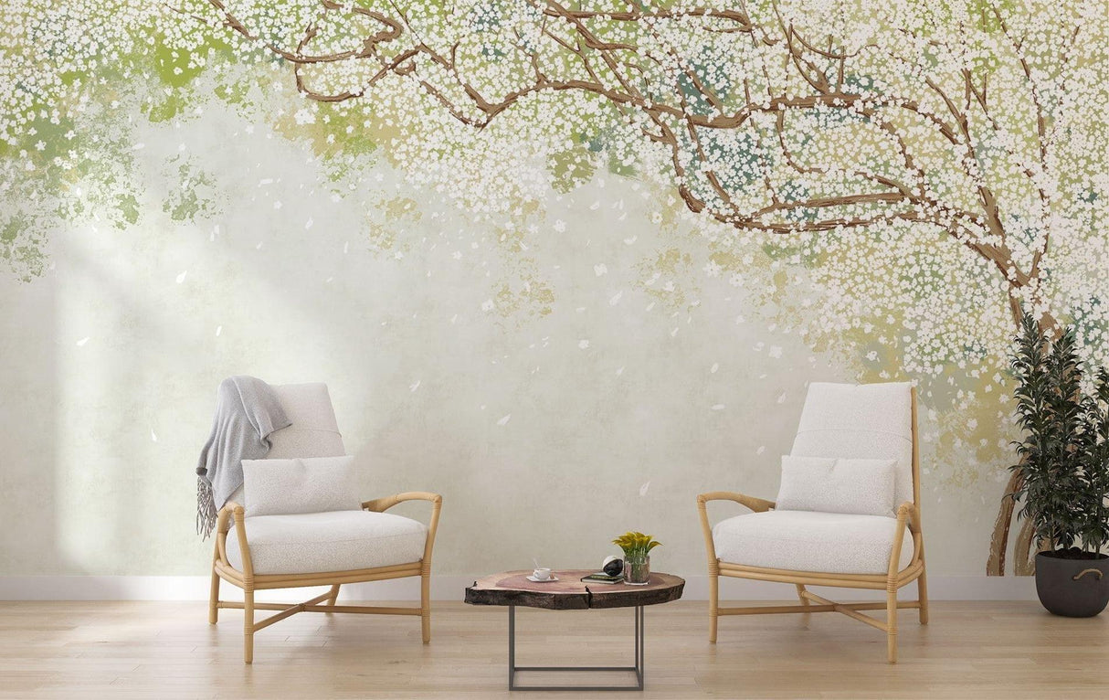 Papier Peint Mural Fleurs de Cerisier | Design Aquarelle Blanc Doux