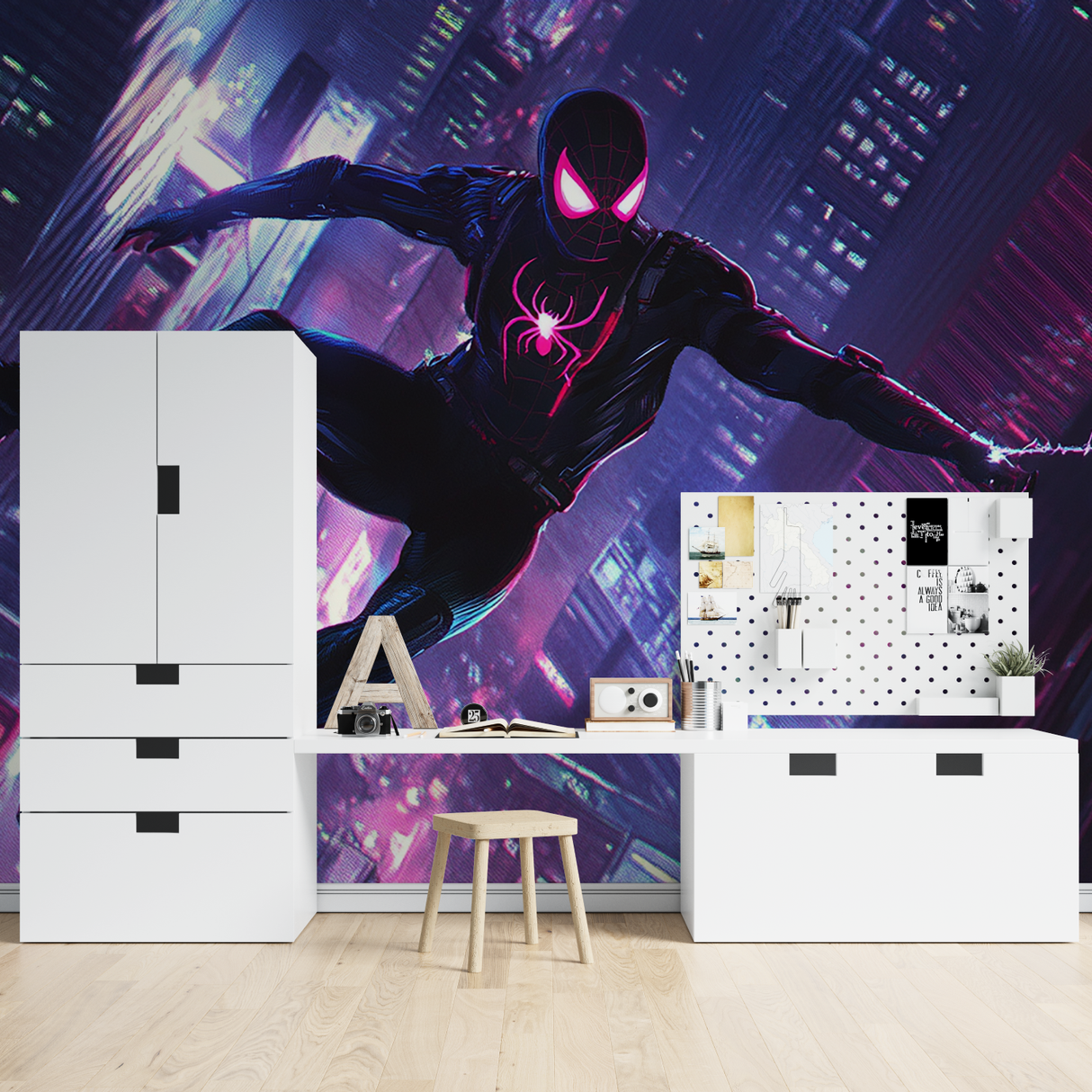 Superhero Mural Wallpaper | Neon Spider Theme City Night