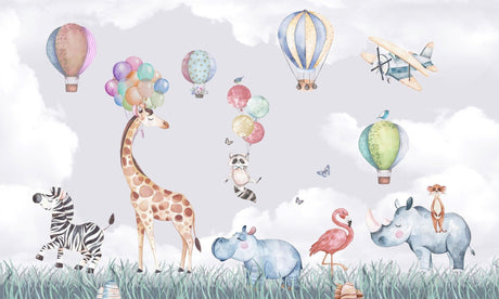 Safari-Tiere Tapete | Aquarell Heißluftballon Abenteuer