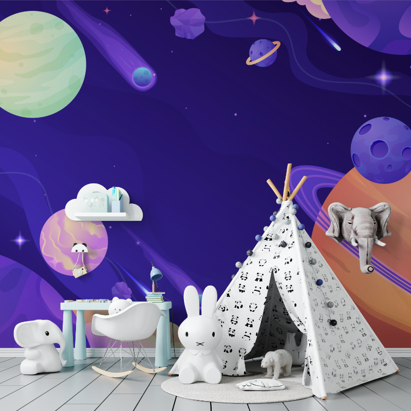 Space Mural Wallpaper | Cosmic Purple Galaxy with Planets