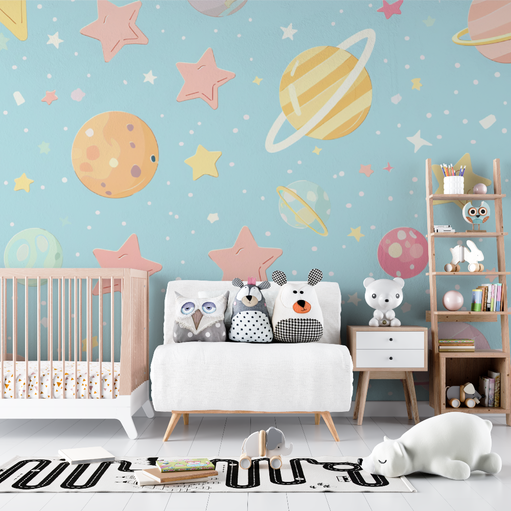 Space Mural Wallpaper | Pastel Planets and Stars Design