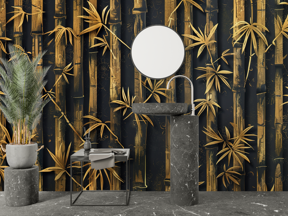 Bamboo Mural Wallpaper | Black and Gold Oriental Design