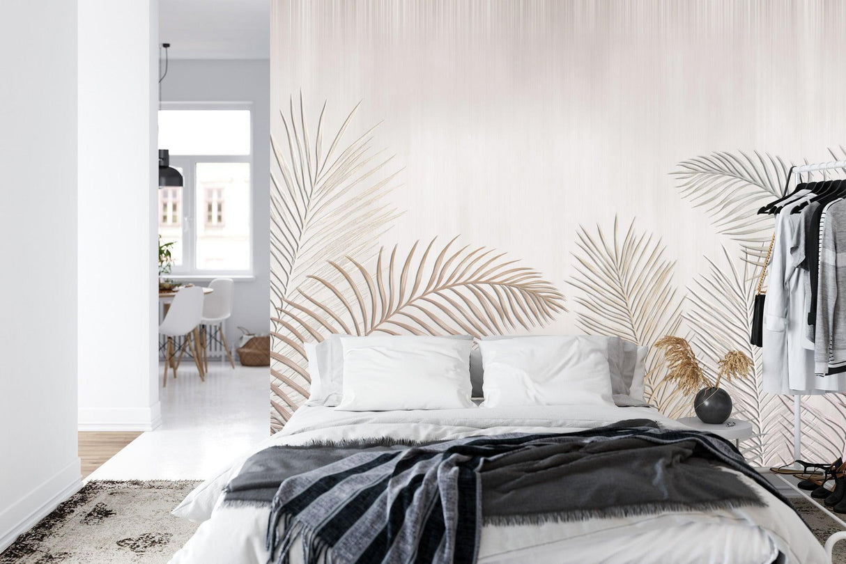 Palm Leaves Mural Wallpaper | Minimalist Beige Tropical Design