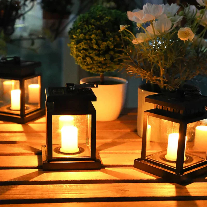 Solar LED Garden Lantern  Black Frame Candle Design - Detailed view