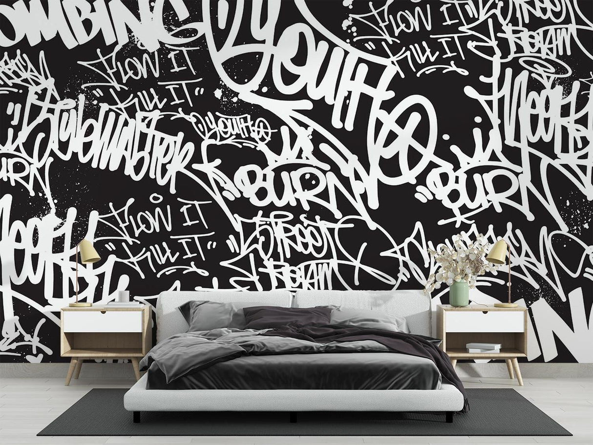 Graffiti Mural Wallpaper | Urban Black and White Street Art