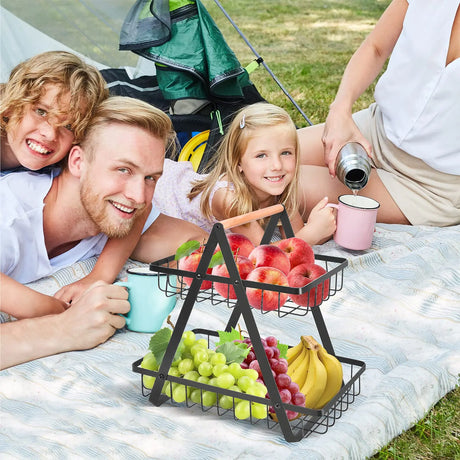 Modern Tiered Fruit Basket  Black Steel 3-Level Storage - Product showcase